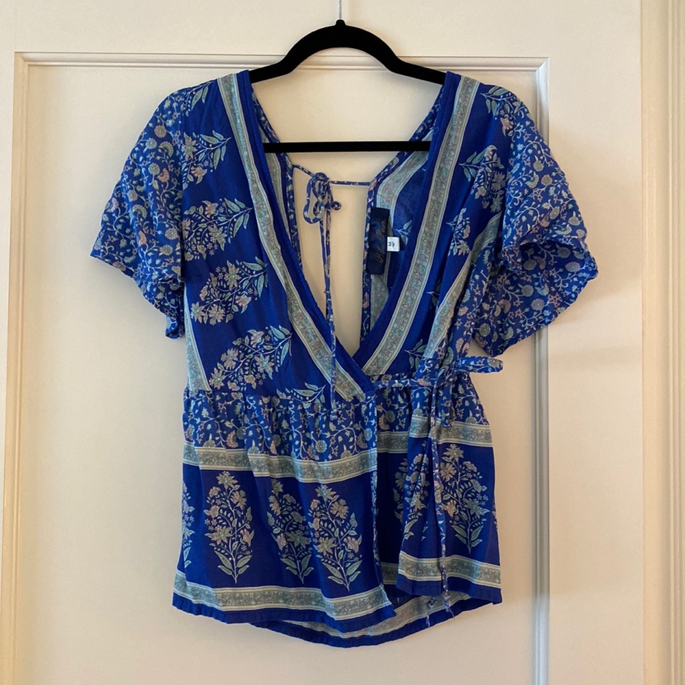 Blue Rain Floral Wraparound Top